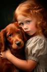 Little girl hugging Irish setter puppy. AI Generated. Art Print